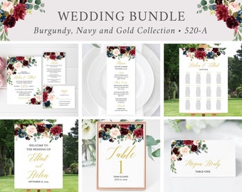 Editable Navy Pink Burgundy Gold Wedding Bundle, Printable Invitation Suite Sign Menu Seating Chart Program, Templett Instant Download 520-A