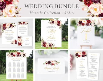 Editable Gold Marsala Pink Floral Wedding Bundle, Printable Invitation Suite Sign Menu Seating Chart Program Templett Instant Download 512-A