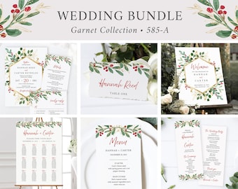 Editable Winter Red Berry Gold Wedding Bundle, Printable Invitation Suite Sign Menu Seating Chart Program Christmas Instant Download 585-A