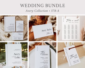 Minimalist Printable Wedding Bundle, Modern Editable Invitation Suite, Minimal Sign Menu Seating Chart Program, Templett Inst Download 578-A