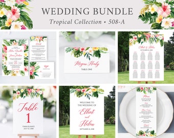 Editable Tropical Floral Wedding Bundle, Hibiscus Printable Invitation Suite Sign Menu Seating Chart Program Templett Instant Download 508-A