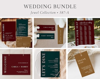 Editable Jewel Toned Wedding Bundle, Printable Jewel Tone Burgundy Invitation Suite Sign Menu Seating Chart Program, Green, Download 587-A