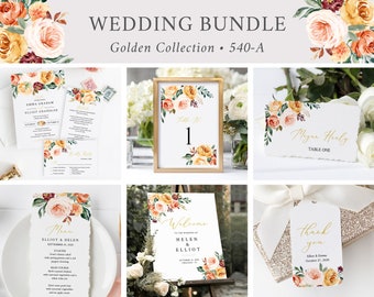 Printable Gold Blush Fall Floral Wedding Bundle, Editable Invitation Suite Sign Menu Seating Chart Program, Templett, Instant Download 540-A