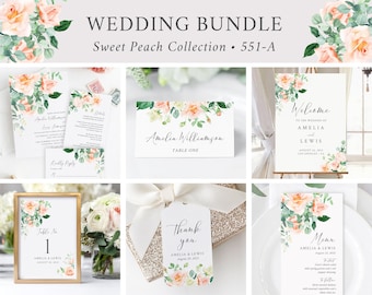 Editable Peach Rose Eucalyptus Wedding Bundle, Printable Invitation Suite Sign Menu Seating Chart Program, Templett, Instant Download, 551-A