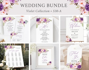 Editable Purple Boho Floral Wedding Bundle, Lilac Printable Invitation Suite Sign Menu Seating Chart Program Templett Instant Download 530-A
