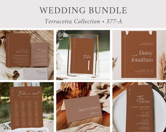 Editable Terracotta Modern Wedding Bundle, Minimalist Printable Invitation Suite Sign Menu Seating Chart Program, Templett, Download 577-A