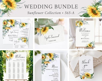 Editable Sunflower Yellow Floral Wedding Bundle, Printable Invitation Suite Sign Menu Seating Chart Program, Templett Instant Download 565-A