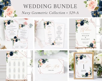 Editable Navy Blush Geometric Wedding Bundle, Printable Invitation Suite Sign Menu Seating Chart Program, Templett Instant Download 529-A