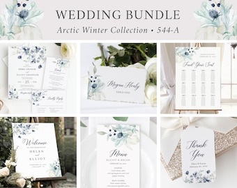 Navy Gray Floral Editable Wedding Bundle, Winter Printable Invitation Suite Sign Menu Seating Chart Program, Templett Instant Download 544-A