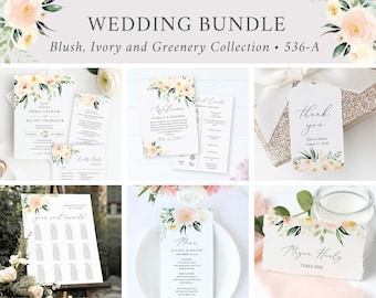 Printable Wedding Invitation Suite, Blush Greenery Editable Wedding Bundle, Floral Wedding Set, Wedding Stationery Bundle Template, 536-A