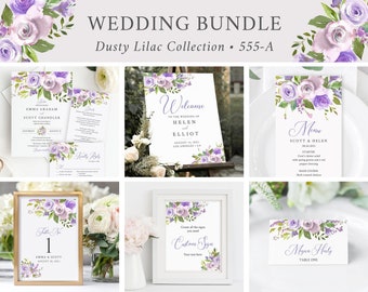 Editable Dusty Lilac Floral Wedding Bundle, Printable Invitation Suite Sign Menu Seating Chart Program, Templett Instant Download 555-A