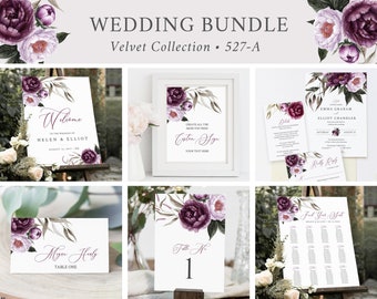 Purple Plum Lilac Floral Editable Wedding Bundle, Printable Invitation Suite Sign Menu Seating Chart Program Templett Instant Download 527-A
