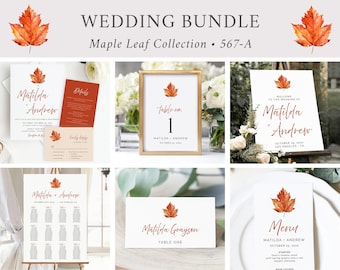 Fall Maple Leaf Editable Wedding Bundle, Minimal Printable Invitation Suite Sign Menu Seating Chart Program, Templett Instant Download 567-A