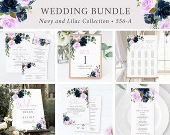 Editable Lilac Navy Floral Wedding Bundle, Printable Boho Invitation Suite Signs Menu Seating Chart Program, Templett Instant Download 556-A