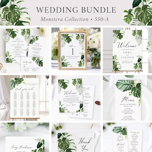 Monstera Editable Wedding Bundle, Greenery Printable Invitation Suite, Sign Menu Seating Chart Program, Tropical Foliage Inst Download 550-A