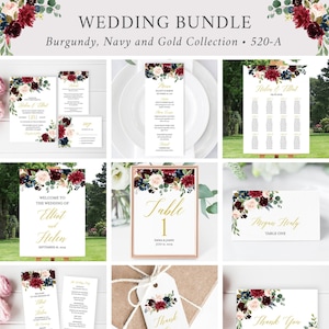 May include: A wedding stationery bundle featuring burgundy, navy, and gold floral designs. The bundle includes a welcome sign, table number, seating chart, menu, thank you tags, and other wedding stationery.