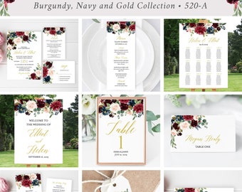 Editable Navy Pink Burgundy Gold Wedding Bundle, Printable Invitation Suite Sign Menu Seating Chart Program, Templett Instant Download 520-A