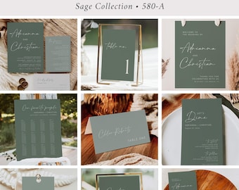 Minimalist Wedding Invitation Set, Elegant Wedding Stationery Pack, Sage Green Modern Wedding Bundle, Minimal Kit, Editable Template, 580-A