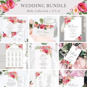 Fuchsia Floral Wedding Bundle, Printable Wedding Invitation Set, Peony Wedding Stationery Kit, Bright Wedding Pack, Editable Template 571-A