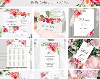 Printable Wedding Invitation Set, Peony Wedding Stationery Kit, Fuchsia Floral Wedding Bundle, Bright Wedding Pack, Editable Template 571-A