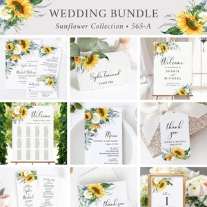 Sunflower Wedding Bundle, Yellow Floral Wedding Stationery Set, Printable Invitation Suite, Sunflower Wedding Pack, Editable Template 565-A