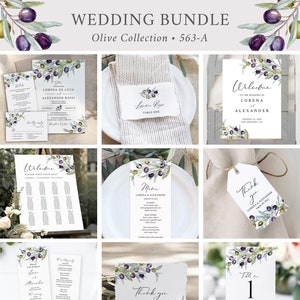 Olive Wedding Stationery Bundle, Mediterranean Wedding Set, Italian Wedding Invitation Suite Templates, Olive Branch Pack, Editable 563-A