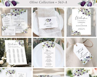 Mediterranean Wedding Set, Italian Wedding Invitation Suite Templates, Olive Wedding Stationery Bundle, Olive Branch Pack, Editable 563-A