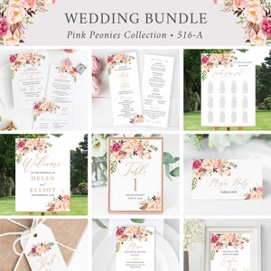 Blush Pink Boho Floral Editable Wedding Bundle, Printable Invitation Suite Sign Menu Seating Chart Program, Templett, Instant Download 516-A