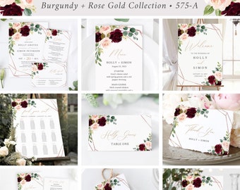 Editable Burgundy Blush Geometric Wedding Bundle, Printable Invitation Suite Sign Menu Seating Chart Program Templett Instant Download 575-A
