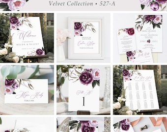 Purple Plum Lilac Floral Editable Wedding Bundle, Printable Invitation Suite Sign Menu Seating Chart Program Templett Instant Download 527-A