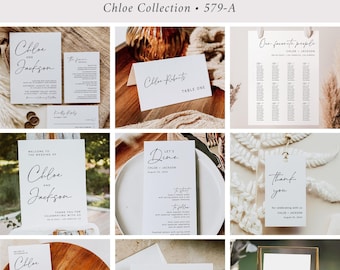 Editable Minimalist Wedding Bundle, Modern Printable Invitation Suite, Minimal Sign, Menu, Seating Chart, Program, Templett, Download 579-A
