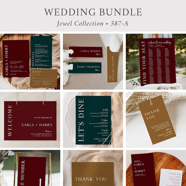 Jewel Toned Editable Wedding Bundle, Jewel Tone Burgundy Printable Invitation Suite Sign Menu Seating Chart Program, Green, Download 587-A