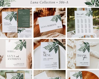 Fern Wedding Invitation Suite, Greenery Wedding Set, Modern Botanical Wedding Bundle, Foliage Wedding Stationery Kit Editable Template 586-A
