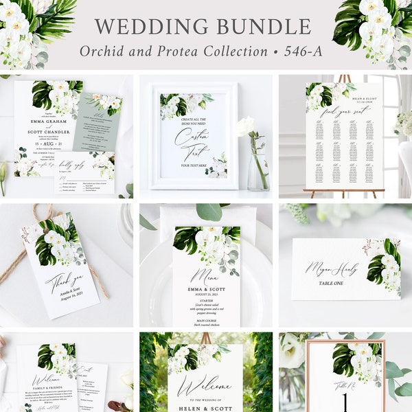 Orchid Protea Floral Editable Wedding Bundle, Printable Invitation Suite Sign Menu Seating Chart Program, Templett, Instant Download 546-A