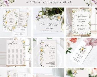 Floral Wedding Sationery Set, Wildflower Wedding Bundle, Printable Floral Invitation Kit, Summer Wedding Bundle, Editable Template, 581-A