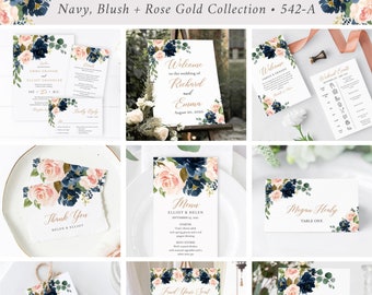 Rose Gold Navy Blush Editable Wedding Bundle, Printable Invitation Suite Sign Menu Seating Chart Program Templett Instant Download 542-A