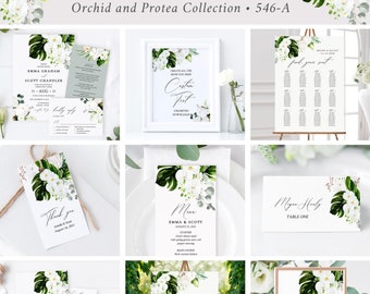 Protea Wedding Stationery Kit, Orchid Wedding Bundle, Printable Tropical Wedding Invitation Set, Monstera Wedding, Editable Template 546-A