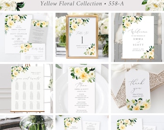 Editable Yellow White Floral Wedding Bundle, Printable Invitation Suite Sign Menu Seating Chart Program, Templett Instant Download 558-A