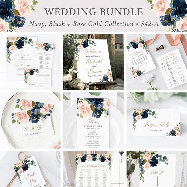 Navy Blush Rose Gold Editable Wedding Bundle, Printable Invitation Suite Sign Menu Seating Chart Program Templett Instant Download 542-A