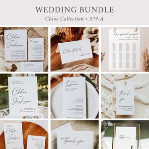 Minimalist Editable Wedding Bundle, Modern Printable Invitation Suite, Minimal Sign, Menu, Seating Chart, Program, Templett, Download 579-A