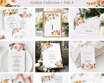 Printable Gold Blush Fall Floral Wedding Bundle, Editable Invitation Suite Sign Menu Seating Chart Program, Templett, Instant Download 540-A