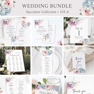 Succulent Editable Wedding Bundle, Cactus Boho Printable Invitation Suite Sign Menu Seating Chart Program, Templett Instant Download 535-A
