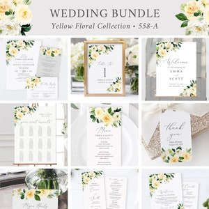 Yellow White Floral Editable Wedding Bundle, Printable Invitation Suite Sign Menu Seating Chart Program, Templett Instant Download 558-A