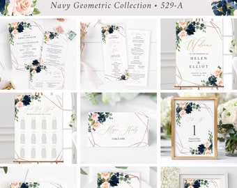 Editable Navy Blush Geometric Wedding Bundle, Printable Invitation Suite Sign Menu Seating Chart Program, Templett Instant Download 529-A