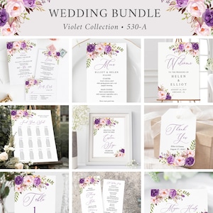 Purple Floral Wedding Bundle, Lilac Flowers Wedding Stationery Pack, Printable Wedding Invitation Set Violet Wedding Editable Template 530-A