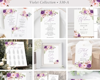 Lilac Flowers Wedding Stationery Pack, Purple Floral Wedding Bundle, Printable Wedding Invitation Set Violet Wedding Editable Template 530-A