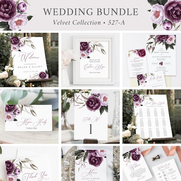 Purple Floral Editable Wedding Bundle, Plum Lilac Printable Invitation Suite Sign Menu Seating Chart Program Templett Instant Download 527-A