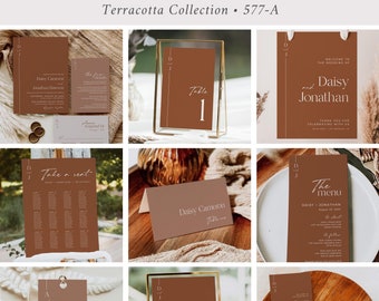 Minimalist Wedding Invitation Set, Printable Modern Wedding Stationery Pack, Terracotta Wedding Bundle, Monogram, Editable Template 577-A