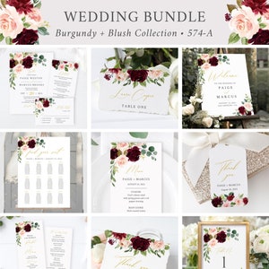 Burgundy Blush Floral Editable Wedding Bundle, Printable Invitation Suite Sign Menu Seating Chart Program Templett Instant Download 574-A