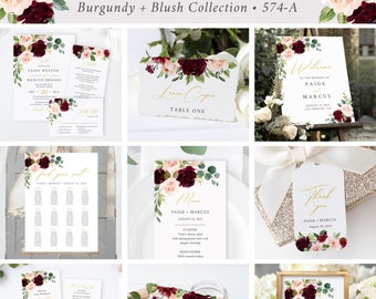 Editable Burgundy Blush Floral Wedding Bundle, Printable Invitation Suite Sign Menu Seating Chart Program Templett Instant Download 574-A